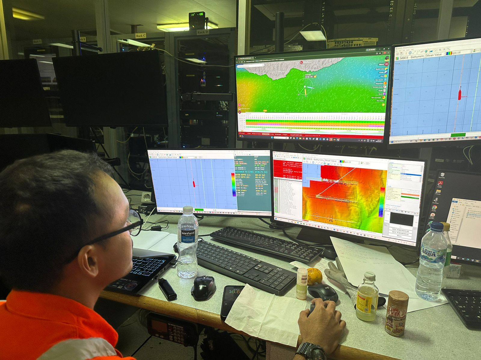 Marine seismic acquisition equipment on vessel deck
